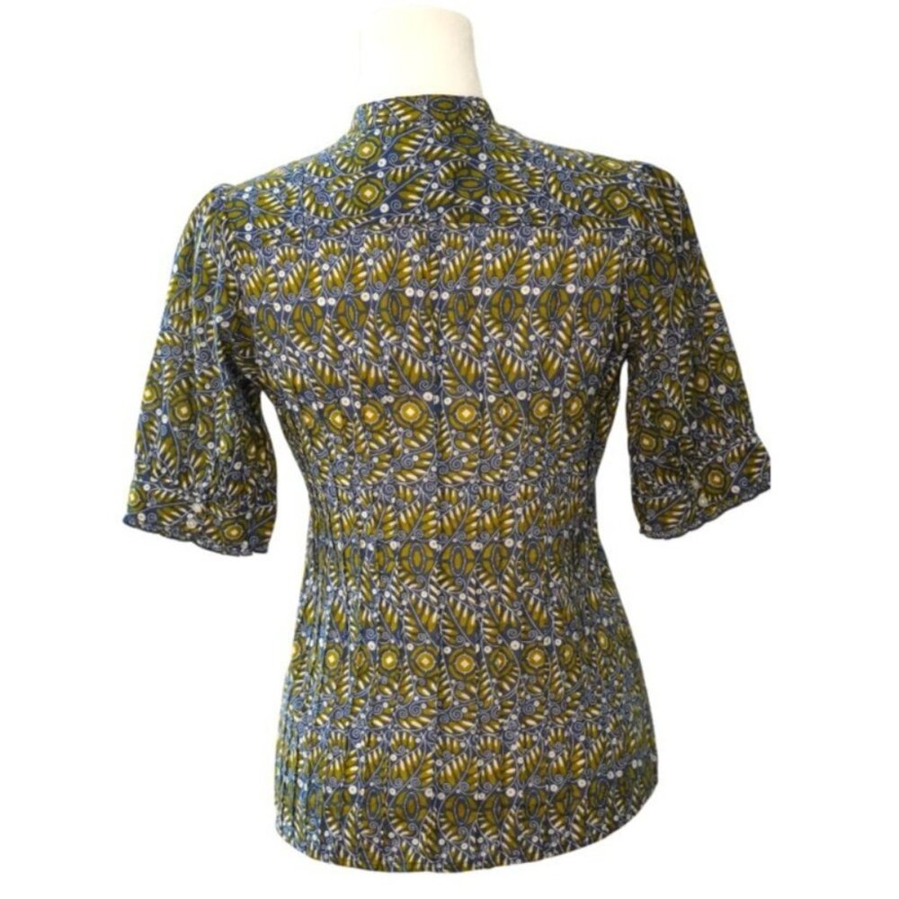 Banana Republic Boho Leaf Batik Blouse Sz Small Mandarin Collar Puff Sleaves Cot - Picture 7 of 11